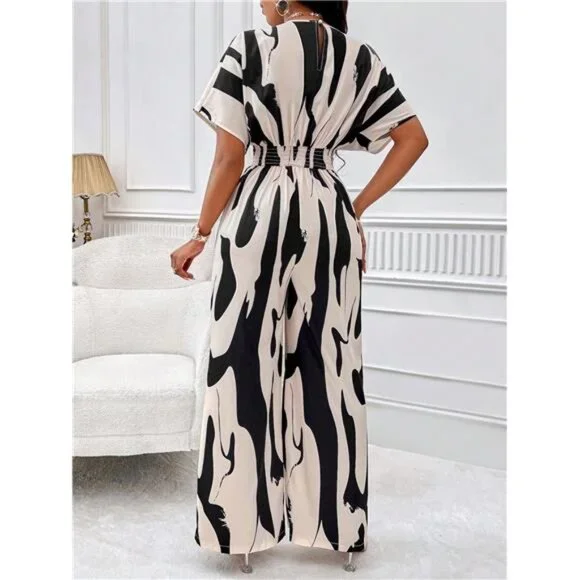 Allover Print Batwing Sleeve Belted Jumpsuit